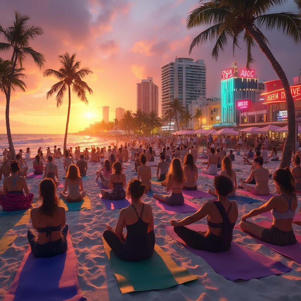 Diverse group practicing yoga on colorful mats at Miami Beach during sunset, with gentle waves and palm trees in view, and Art Deco buildings of Ocean Drive lit up in the background.
