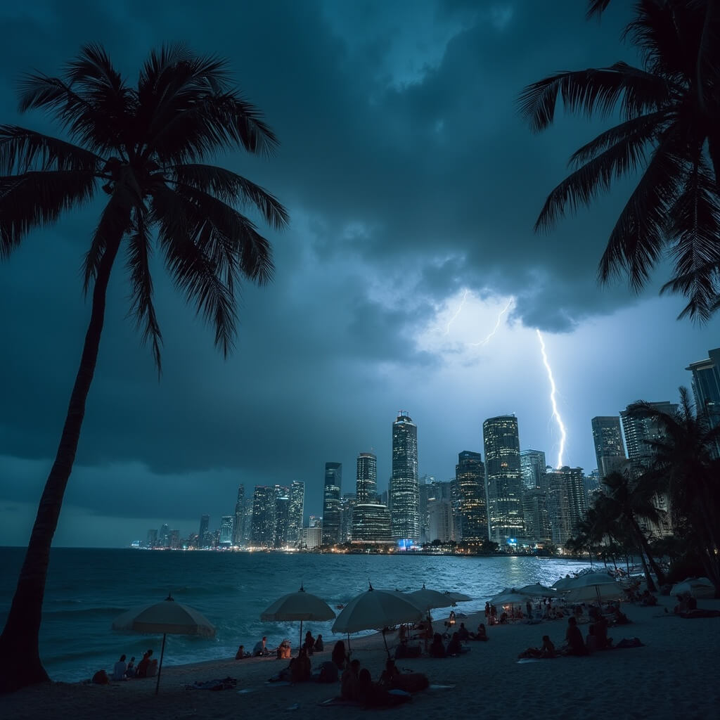 Dramatic thunderstorm over Miami skyline at dusk with lightning bolts, looming dark clouds, shimmering reflections in Biscayne Bay, and beachgoers hastily packing up under gusting palm trees.