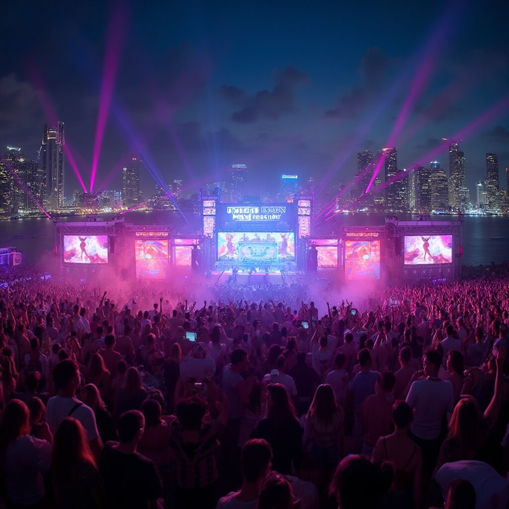 Diverse crowd dancing at Ultra Music Festival with neon-lit Miami downtown skyline and technologically advanced stage in the background