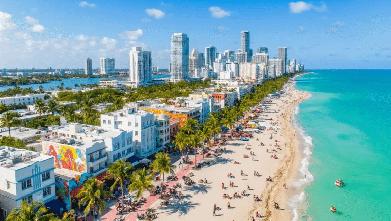 Miami in February: Your Ultimate Tropical Escape That's WAY More Than Just Beaches "Aerial view of Miami in February with Art Deco district, turquoise South Beach, Wynwood Walls street art, yacht show in marina, outdoor Cuban dining in Little Havana, Miami Beach Boardwalk and distant Everglades under clear blue skies."