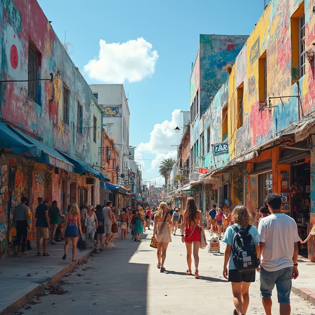 Diverse crowd exploring art galleries and boutique shops in Miami's bustling Wynwood district with large murals on warehouse walls, while tourists on a free walking tour in the foreground observe the vibrant artwork