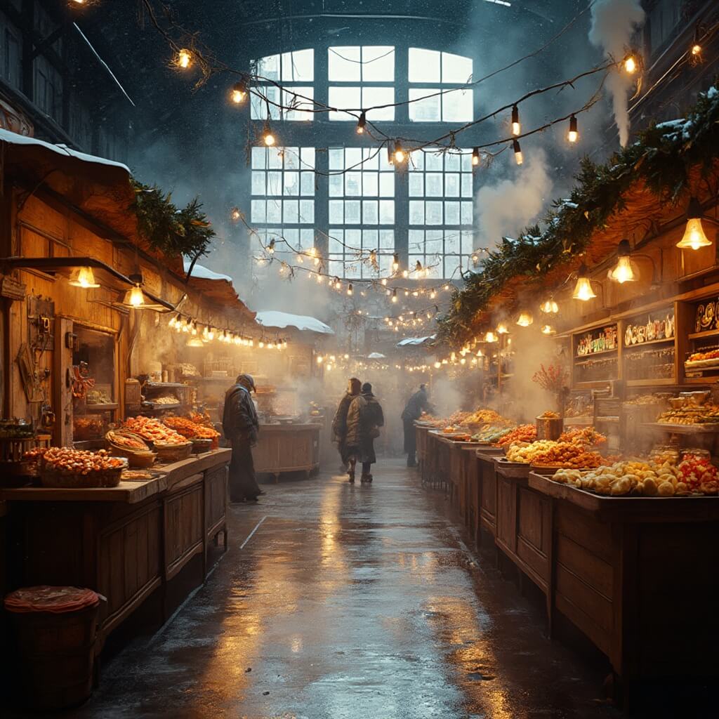 Winter scene at Milwaukee Public Market with rustic wooden booths decorated with greenery, steamy food stalls, and fresh produce displays, framed by snow-visible industrial windows and warm overhead lights