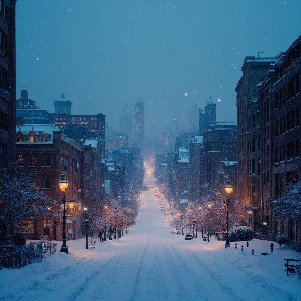 Dramatic dusk view of snow-covered Milwaukee cityscape with vintage streetlamps, warmly lit buildings, intricate falling snowflakes, and Lake Michigan in background
