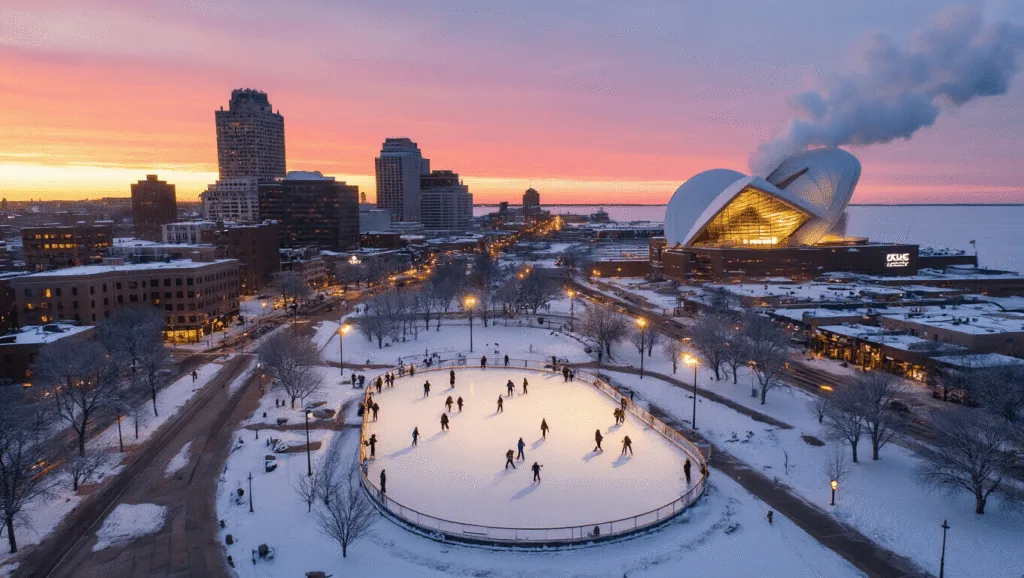 "Winter sunset over Milwaukee featuring the Milwaukee Art Museum, Fiserv Forum, ice skaters at Red Arrow Park, and steam rising from Lake Michigan."