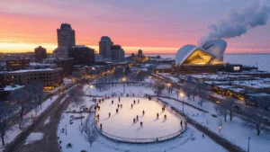 "Winter sunset over Milwaukee featuring the Milwaukee Art Museum, Fiserv Forum, ice skaters at Red Arrow Park, and steam rising from Lake Michigan."