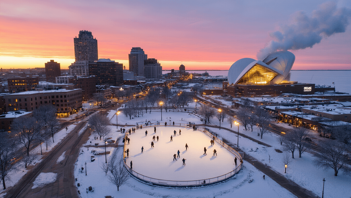 "Winter sunset over Milwaukee featuring the Milwaukee Art Museum, Fiserv Forum, ice skaters at Red Arrow Park, and steam rising from Lake Michigan."