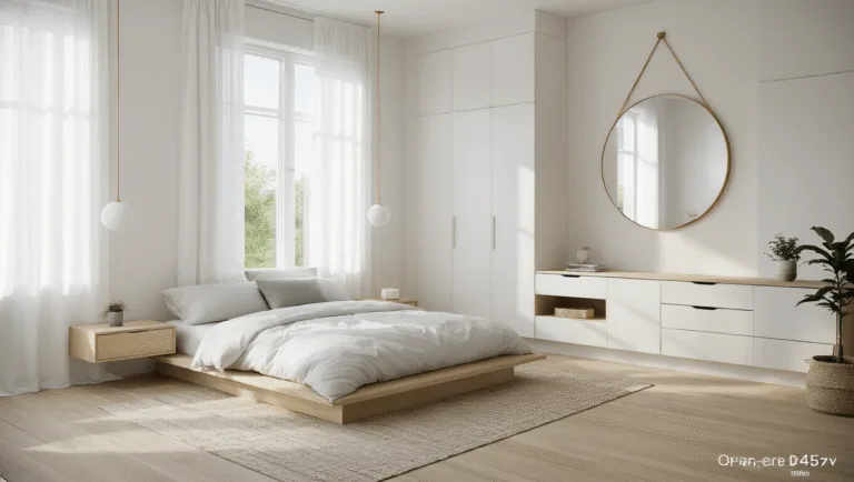 Photorealistic image of a contemporary Scandinavian minimalist bedroom, featuring a low-profile platform bed with white bedding, light grey pillows, and a built-in storage system, illuminated by warm morning sunlight filtering through sheer curtains.