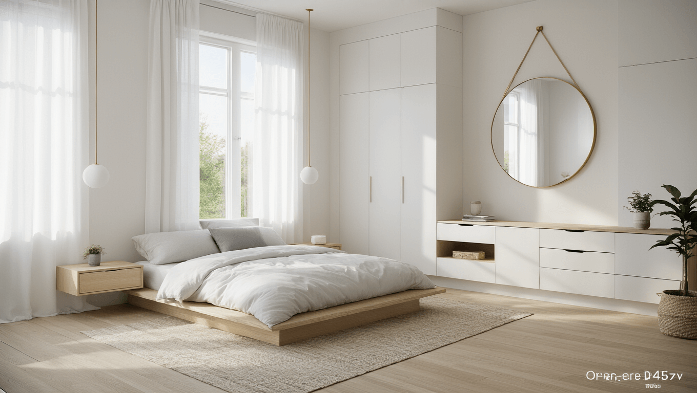 Photorealistic image of a contemporary Scandinavian minimalist bedroom, featuring a low-profile platform bed with white bedding, light grey pillows, and a built-in storage system, illuminated by warm morning sunlight filtering through sheer curtains.
