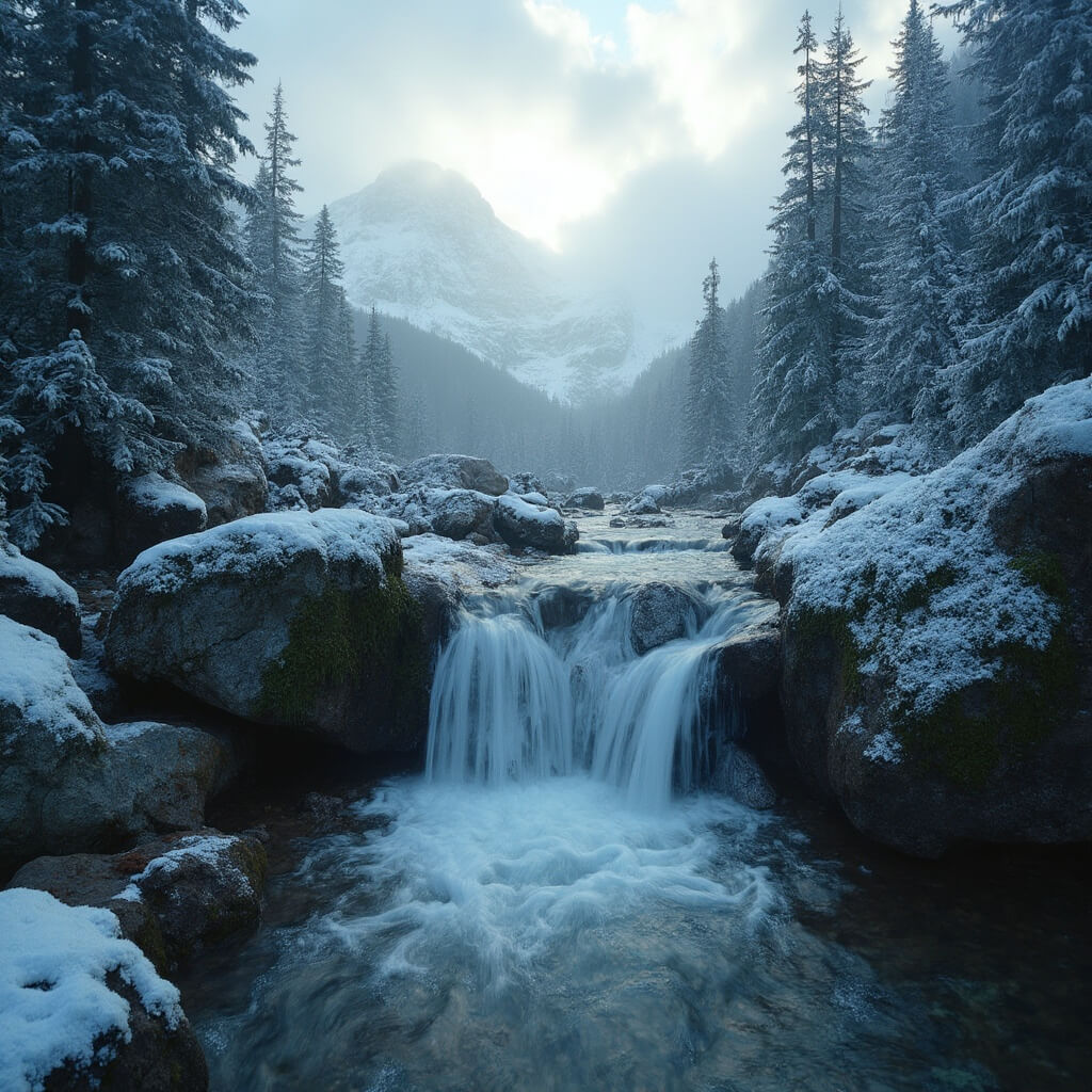 "Winter landscape of Olympic National Park with frost-covered evergreens, misty mountains, partially frozen waterfall on mossy rocks, and sunrays piercing clouds"
