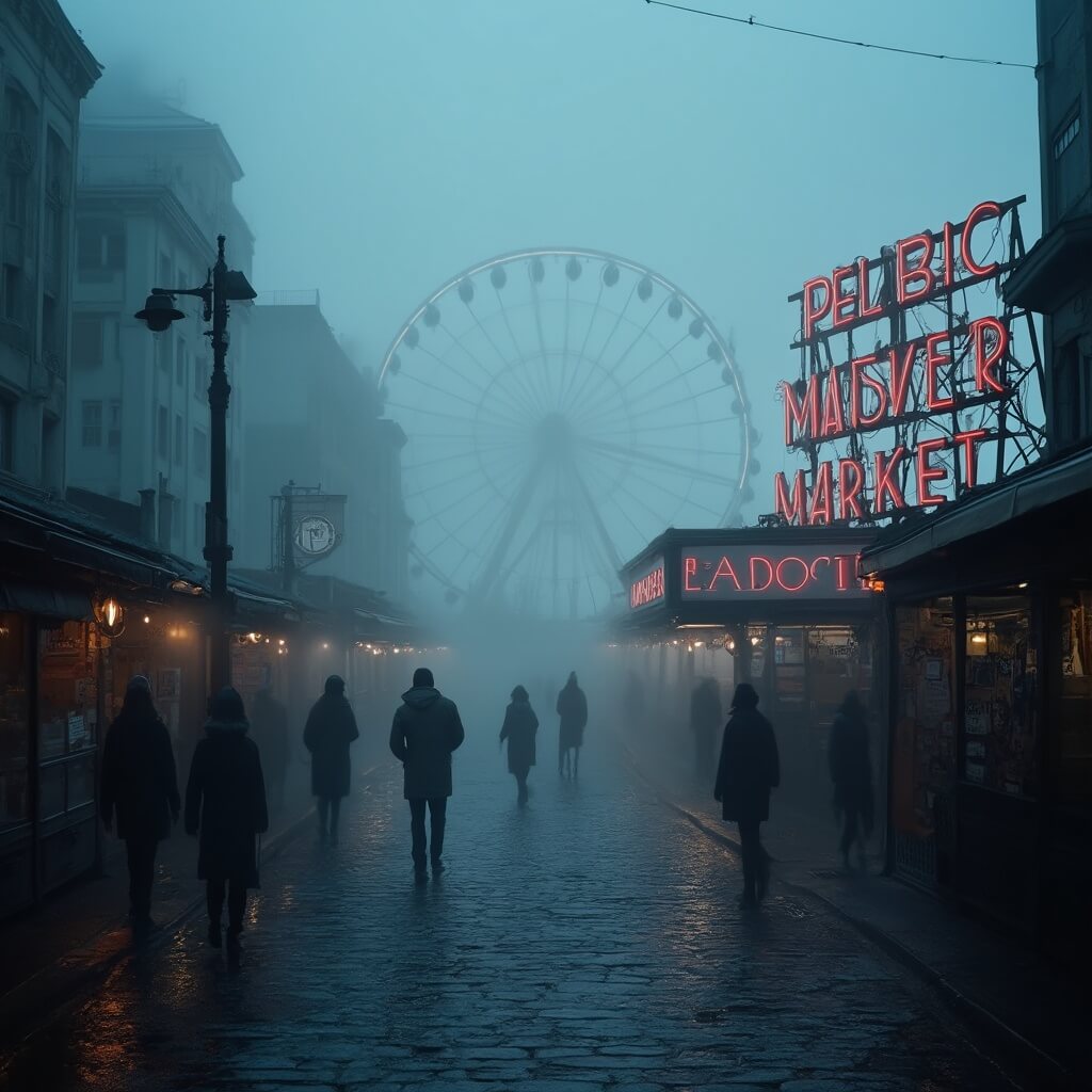 Foggy dusk scene at Seattle waterfront with Pike Place Market and Great Wheel barely visible through mist, rain-slicked cobblestone streets in muted gray and blue tones