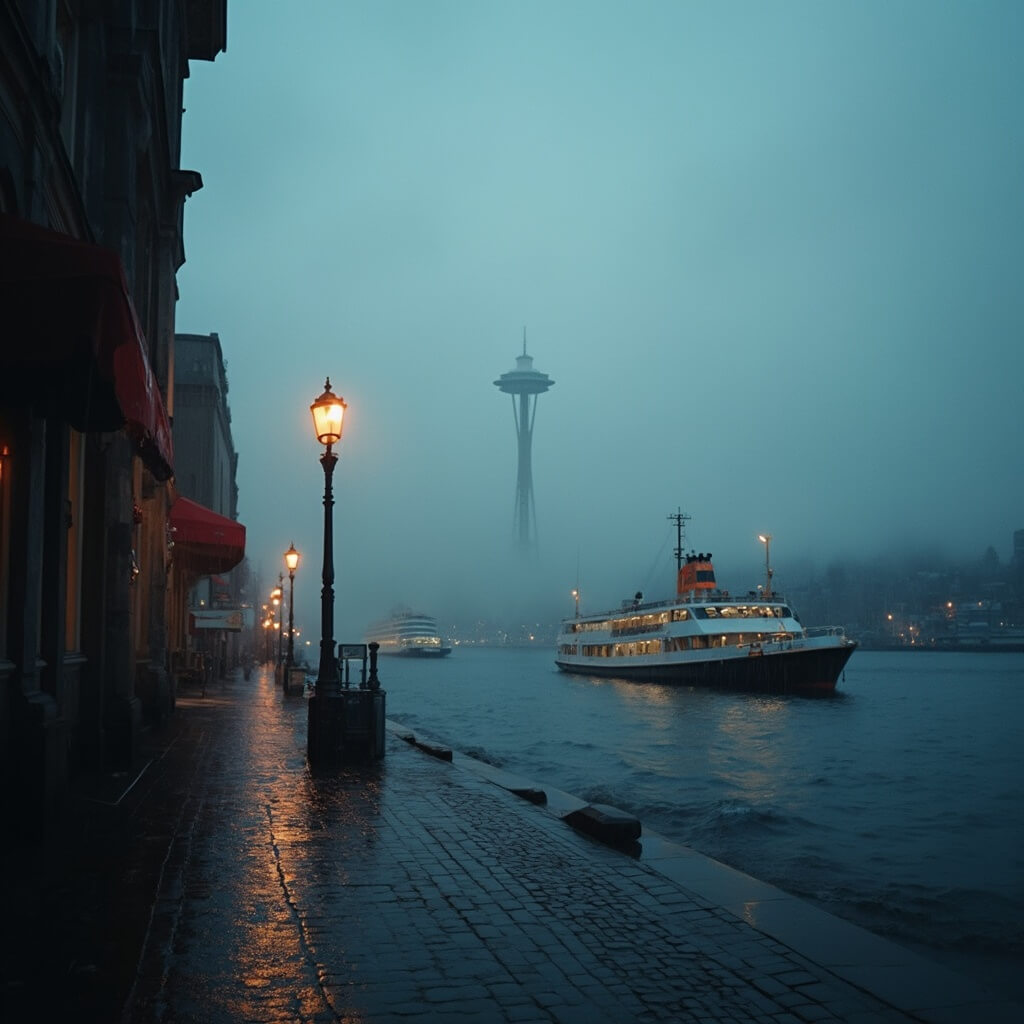 Moody dawn at Seattle waterfront with fog over Elliott Bay, silhouette of Space Needle, ghostly ferries on the water and luminescent reflection on wet cobblestone streets