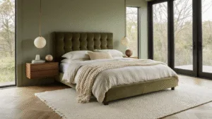 A serene modern bedroom with olive velvet tufted headboard, layered cream linen bedding, and floating walnut nightstands, bathed in warm golden hour light streaming through floor-to-ceiling windows, featuring bleached oak herringbone flooring and a textured wool area rug.