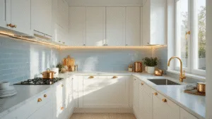 Photorealistic image of a compact galley kitchen featuring floor-to-ceiling white lacquered cabinets with brass hardware, marble countertops, and pale blue subway tile backsplash, illuminated by golden hour sunlight and under-cabinet LED lighting, showcasing organized pull-out drawers and minimalist decor.