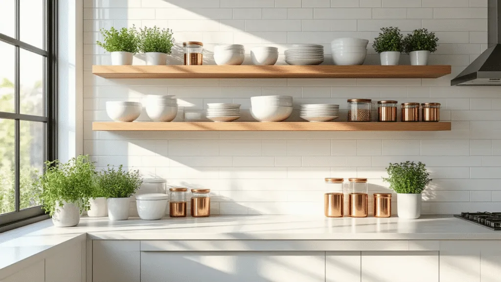 Photorealistic image of a sunlit modern kitchen featuring three-tiered floating oak shelves, white ceramic dinnerware, glass storage containers, and potted herbs against a white subway tile backsplash, captured at a 45-degree angle with soft natural lighting.