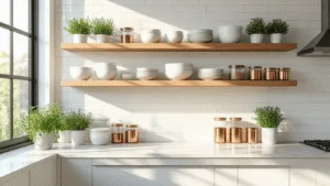 Photorealistic image of a sunlit modern kitchen featuring three-tiered floating oak shelves, white ceramic dinnerware, glass storage containers, and potted herbs against a white subway tile backsplash, captured at a 45-degree angle with soft natural lighting.