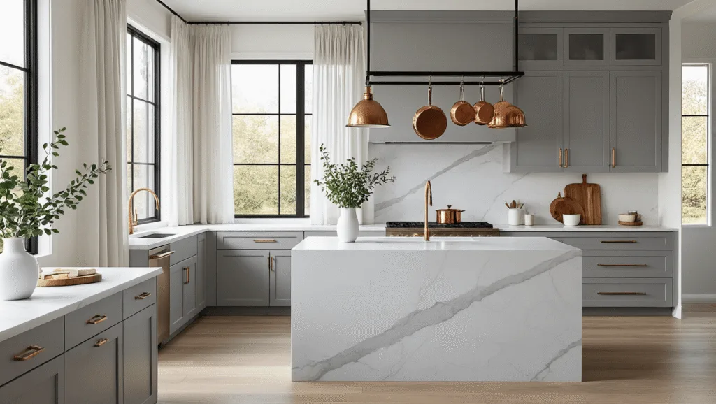 A luxurious modern kitchen features light gray shaker cabinets, a white Carrara marble waterfall island, and dark charcoal quartz countertops, illuminated by natural sunlight from floor-to-ceiling windows. Copper cookware hangs from a matte black pot rack, while fresh eucalyptus and artisanal wooden cutting boards add a touch of warmth. The space has wide-plank white oak flooring and is styled with warm brass pendant lights, captured in photorealistic detail.