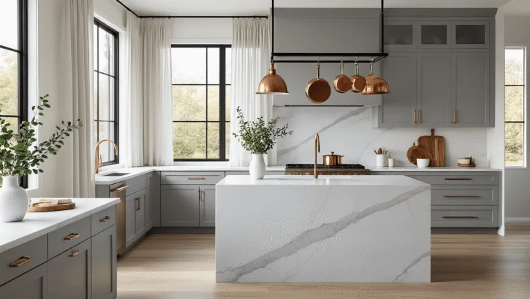 Gray Kitchen Cabinets: The Ultimate Design Chameleon for Modern Homes A luxurious modern kitchen features light gray shaker cabinets, a white Carrara marble waterfall island, and dark charcoal quartz countertops, illuminated by natural sunlight from floor-to-ceiling windows. Copper cookware hangs from a matte black pot rack, while fresh eucalyptus and artisanal wooden cutting boards add a touch of warmth. The space has wide-plank white oak flooring and is styled with warm brass pendant lights, captured in photorealistic detail.