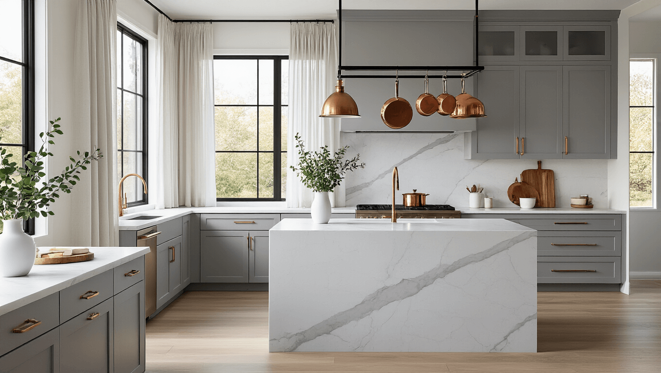 A luxurious modern kitchen features light gray shaker cabinets, a white Carrara marble waterfall island, and dark charcoal quartz countertops, illuminated by natural sunlight from floor-to-ceiling windows. Copper cookware hangs from a matte black pot rack, while fresh eucalyptus and artisanal wooden cutting boards add a touch of warmth. The space has wide-plank white oak flooring and is styled with warm brass pendant lights, captured in photorealistic detail.