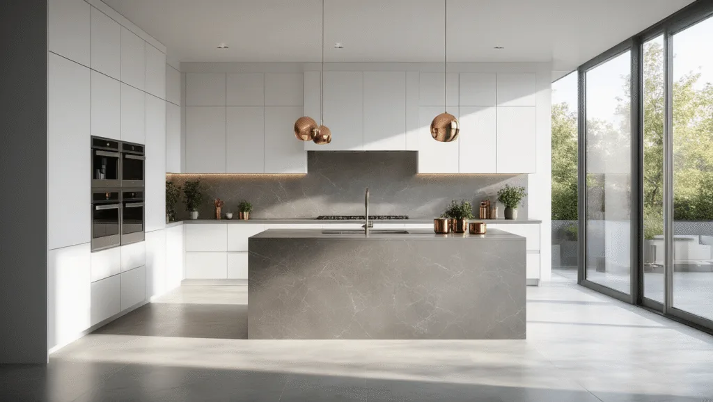 Photorealistic modern luxury kitchen featuring floor-to-ceiling white matte cabinets, dove grey quartz waterfall island, stainless steel appliances, marble backsplash, and ample natural light from floor-to-ceiling windows, accented with copper cookware and fresh herbs.