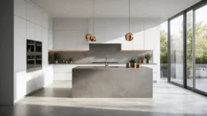 Photorealistic modern luxury kitchen featuring floor-to-ceiling white matte cabinets, dove grey quartz waterfall island, stainless steel appliances, marble backsplash, and ample natural light from floor-to-ceiling windows, accented with copper cookware and fresh herbs.