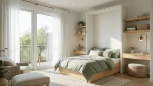 A photorealistic wide-angle view of a compact modern minimalist bedroom featuring a Murphy bed, built-in shelving, and a fold-down desk, all bathed in morning sunlight from floor-to-ceiling windows, showcasing a soft sage green and cream color palette with layered textures and metallic accents.