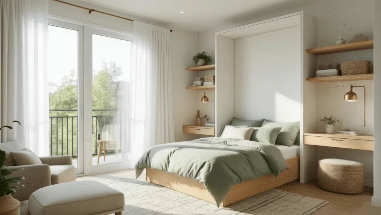 A photorealistic wide-angle view of a compact modern minimalist bedroom featuring a Murphy bed, built-in shelving, and a fold-down desk, all bathed in morning sunlight from floor-to-ceiling windows, showcasing a soft sage green and cream color palette with layered textures and metallic accents.