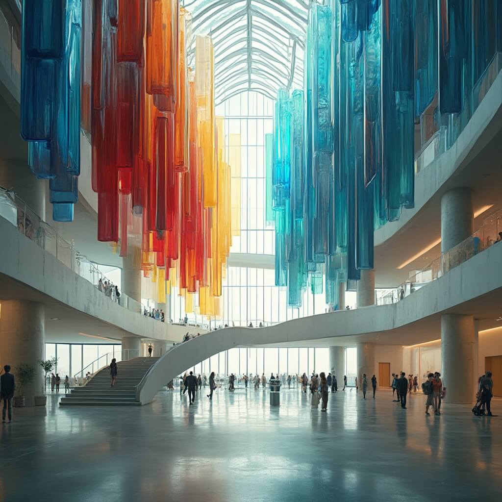 Visitors marveling at colorful suspended glass art installations in a massive modern museum atrium with a high glass ceiling, natural light, polished concrete floors and a grand spiral staircase