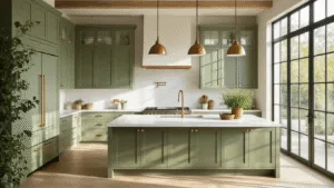 A contemporary kitchen with sage green shaker cabinets, brass hardware, and white Carrara marble countertops, illuminated by natural daylight through large windows, featuring a spacious island, terracotta herb pots, and a glossy subway tile backsplash.