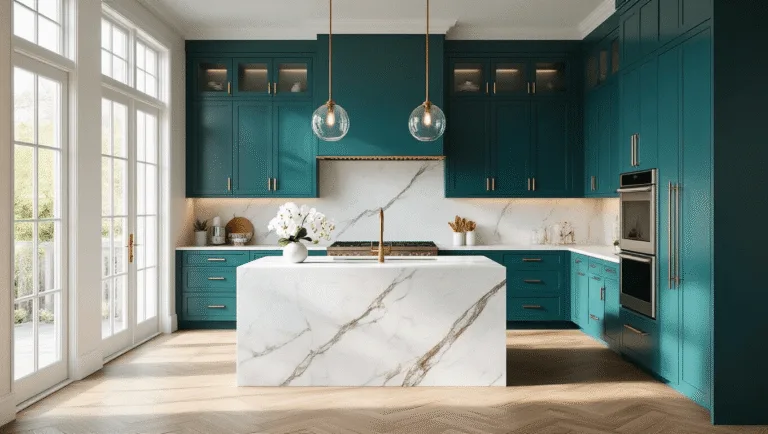 Teal Kitchen Cabinets: A Bold Design Statement for Modern Homes Photorealistic ultra-high-definition image of a luxurious contemporary teal kitchen featuring floor-to-ceiling cabinets, a Carrara marble waterfall island, brushed brass fixtures, and natural light streaming through large windows, complemented by herringbone flooring and elegant decorative elements.