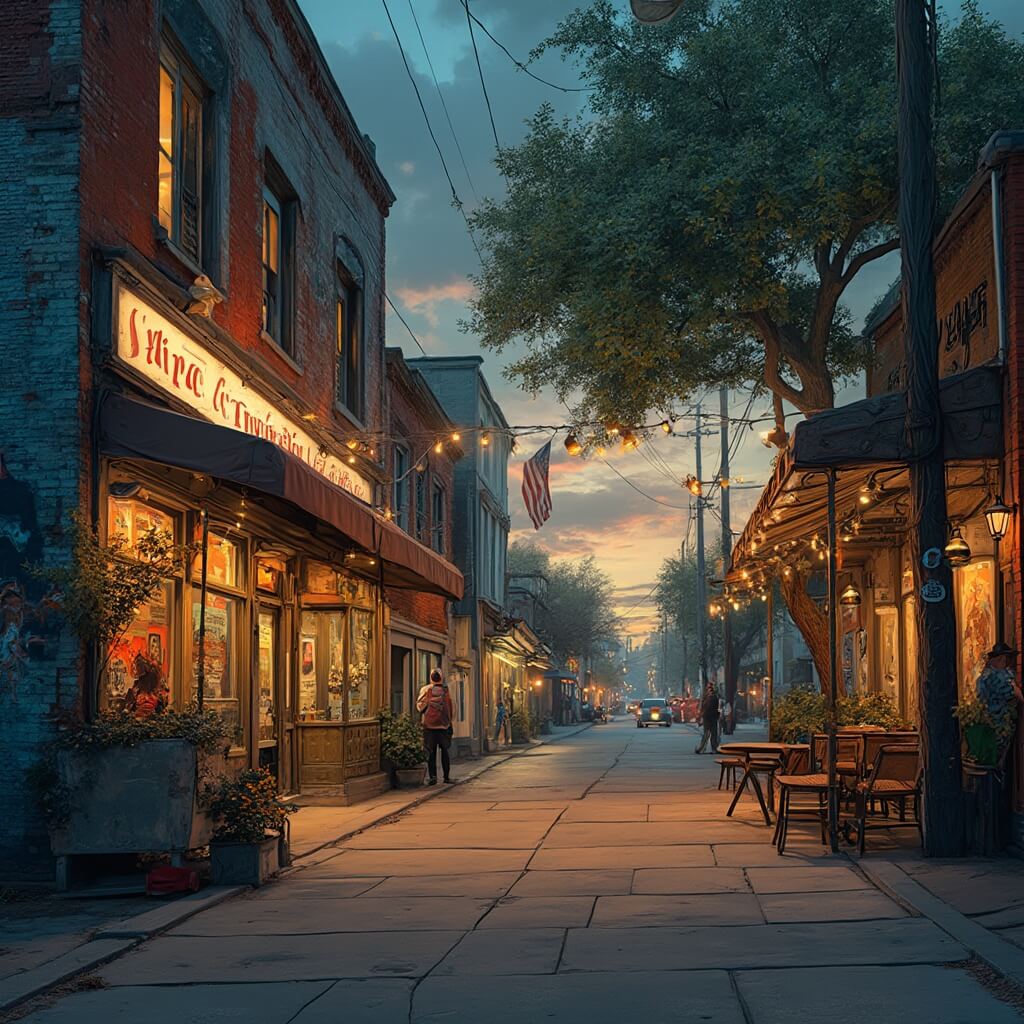 Dusk scene in Houston's Montrose neighborhood featuring colorful vintage storefronts, intricate graffiti murals, local artists, vintage patio furniture, and young professionals mingling under old trees adorned with fairy lights