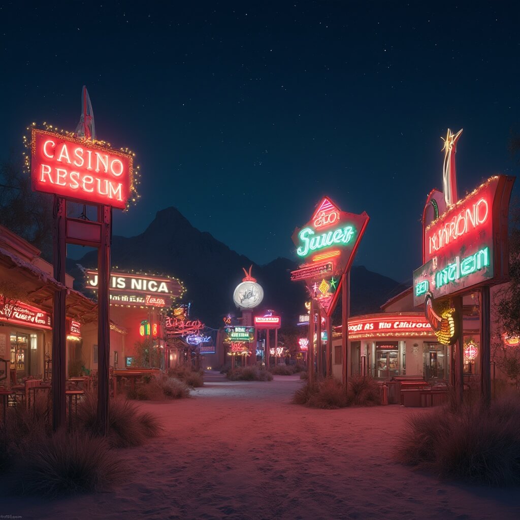Cinematic wide-angle view of Neon Museum in Las Vegas at night, with moonlit vintage casino signs, neon reflections on desert sand, dramatic mountains in background, under a starry winter sky, in 8k resolution.