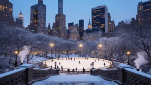 "Winter twilight scene at Central Park, New York City, featuring skaters on Wollman Ice Rink, snow-dusted pathways, frosty trees, and glowing skyscrapers against a cool blue sky."