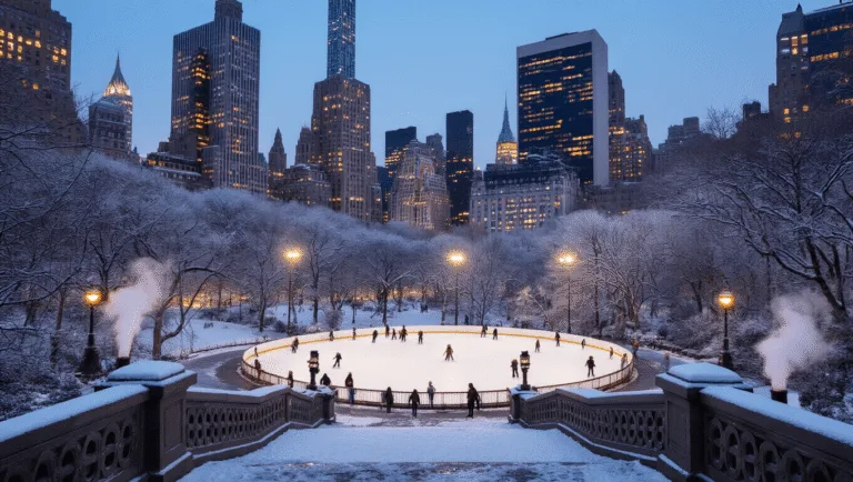 Freezing Fun: Why February in New York City Will Blow Your Mind (Without Blowing Your Budget) "Winter twilight scene at Central Park, New York City, featuring skaters on Wollman Ice Rink, snow-dusted pathways, frosty trees, and glowing skyscrapers against a cool blue sky."