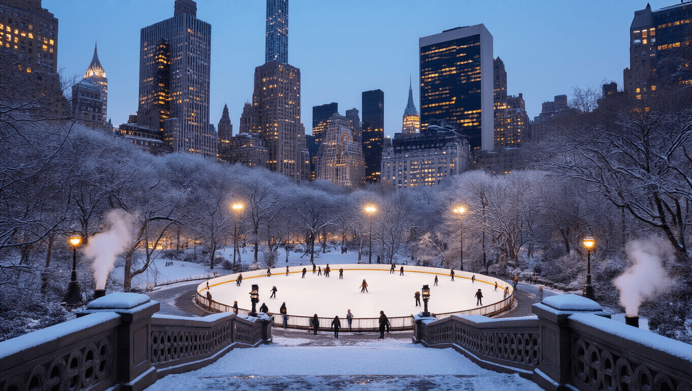 "Winter twilight scene at Central Park, New York City, featuring skaters on Wollman Ice Rink, snow-dusted pathways, frosty trees, and glowing skyscrapers against a cool blue sky."