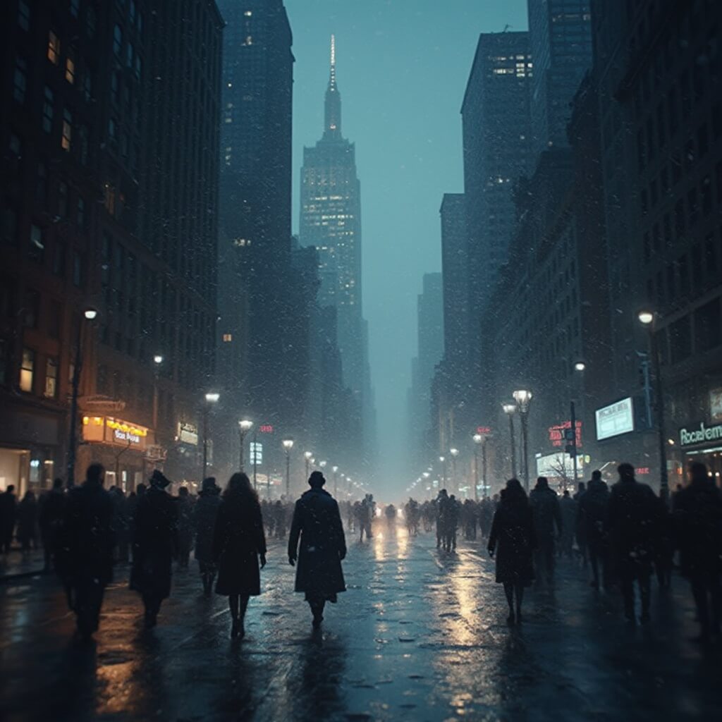 Elegant stylized night view of NYC in winter, with street lights reflecting on wet pavement, silhouettes of people walking, skyscrapers in distance, snow flurries and a muted color palette of blues and grays.