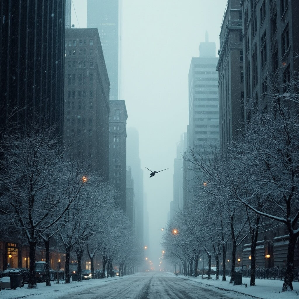 Snowflakes falling on empty streets and frost-dusted trees in a winter-lit New York City skyscraper landscape