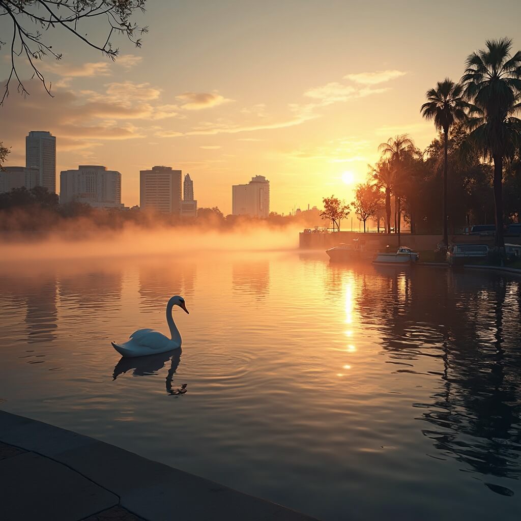 Crisp winter sunrise at Lake Eola Park in Orlando with golden hour lighting, mist over calm waters, swan boats docked, city skyline reflection in water, and swaying palm trees