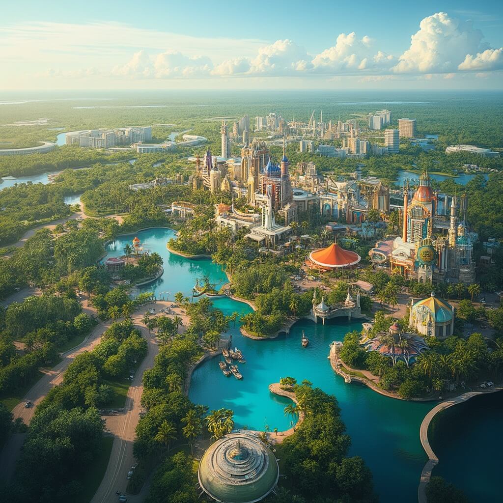 Aerial view of Orlando theme parks with colorful roller coasters, lush tropical landscapes, intricate pathways, and diverse architecture under clear blue skies