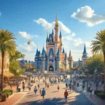 "Aerial view of sunny Orlando in February featuring Disney World, Universal Studios, palm trees, visitors, outdoor cafes, and Mardi Gras decorations, with temperature display showing 75°F"