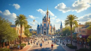 "Aerial view of sunny Orlando in February featuring Disney World, Universal Studios, palm trees, visitors, outdoor cafes, and Mardi Gras decorations, with temperature display showing 75°F"