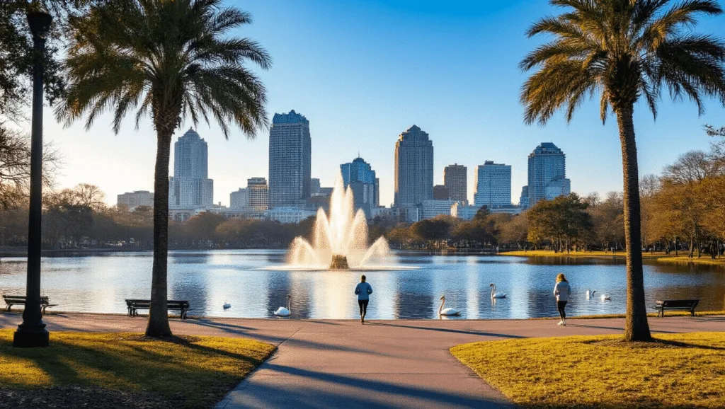 "Early morning view of Lake Eola Park with the Orlando skyline in the background, joggers by the lake, swans on the water, and a sunny winter atmosphere with long shadows and morning mist."