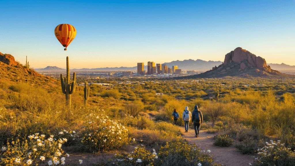 "Panoramic view of Phoenix's Sonoran Desert at golden hour with blooming wildflowers, Camelback Mountain, downtown skyline, and a floating hot air balloon"