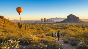 "Panoramic view of Phoenix's Sonoran Desert at golden hour with blooming wildflowers, Camelback Mountain, downtown skyline, and a floating hot air balloon"