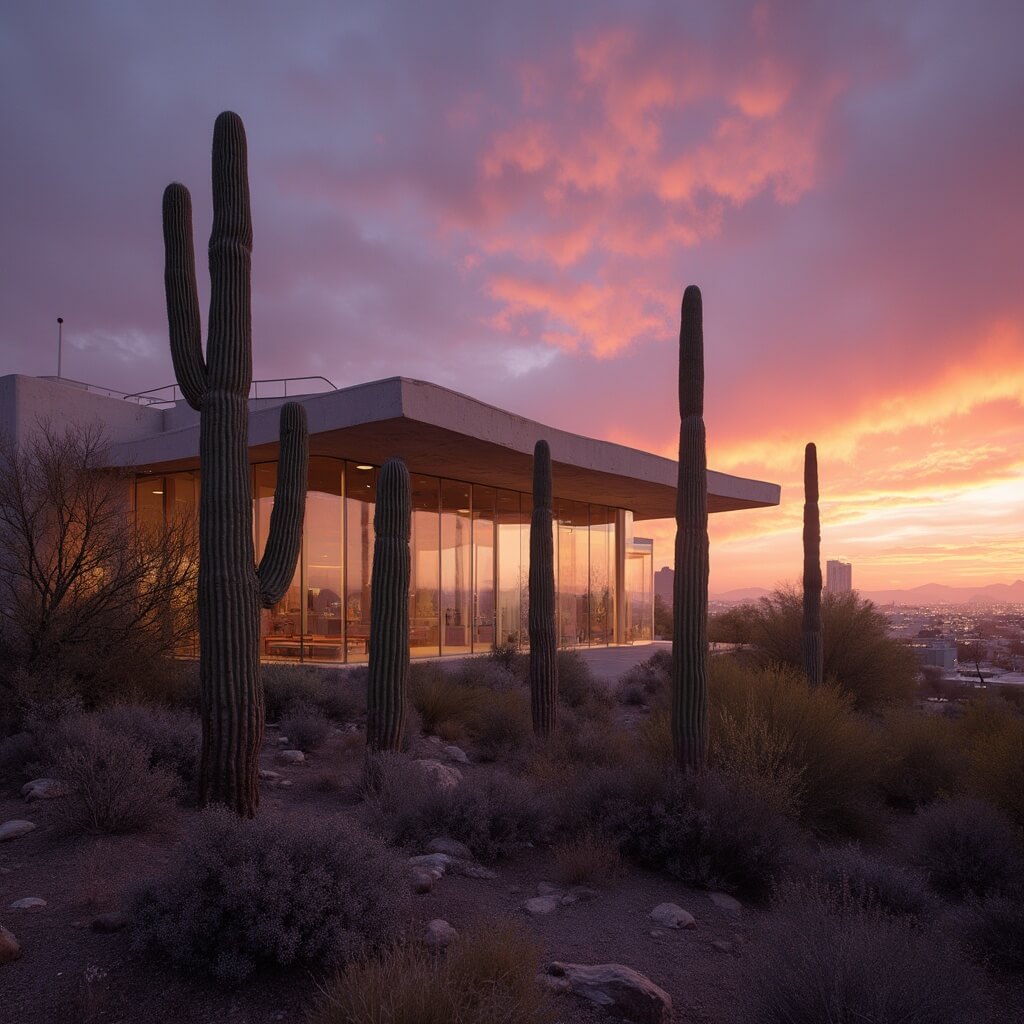 Panoramic view of Phoenix Art Museum's exterior at sunset with Saguaro cacti, purple-orange sky, and urban skyline backdrop