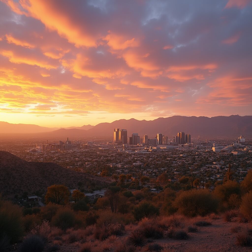 Panoramic sunset view of Phoenix cityscape with dramatic mountain backdrop, desert landscaping, and soft golden light on buildings