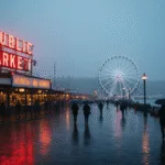 "Misty January morning at Pike Place Market in Seattle with glowing 'Public Market' neon sign, Seattle Great Wheel barely visible in the background, rain-slicked streets, and locals with umbrellas passing by, captured in deep blues, grays, and warm indoor lights creating a cinematic, noir-like atmosphere."