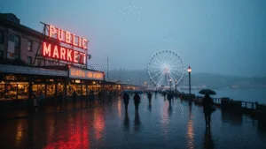"Misty January morning at Pike Place Market in Seattle with glowing 'Public Market' neon sign, Seattle Great Wheel barely visible in the background, rain-slicked streets, and locals with umbrellas passing by, captured in deep blues, grays, and warm indoor lights creating a cinematic, noir-like atmosphere."
