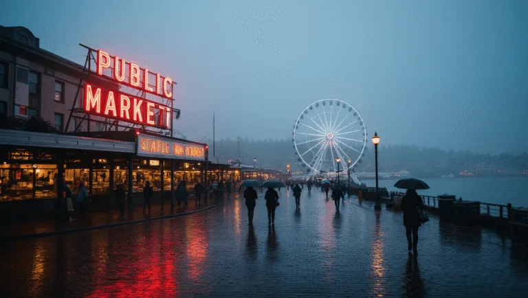 "Misty January morning at Pike Place Market in Seattle with glowing 'Public Market' neon sign, Seattle Great Wheel barely visible in the background, rain-slicked streets, and locals with umbrellas passing by, captured in deep blues, grays, and warm indoor lights creating a cinematic, noir-like atmosphere."