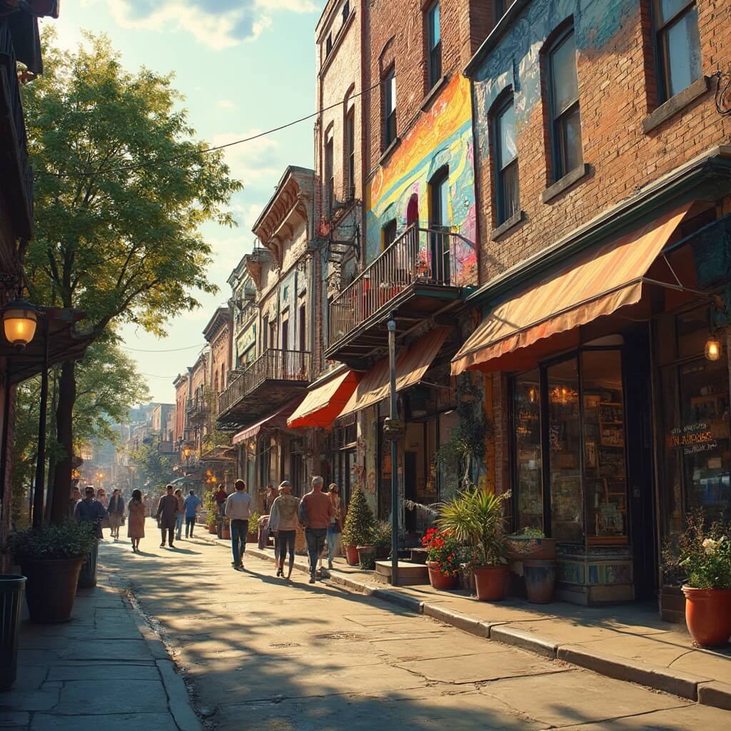 Colorful murals depicting Mexican-American culture covering traditional buildings in Pilsen, Chicago, with locals strolling past taquerias and art galleries under golden afternoon light