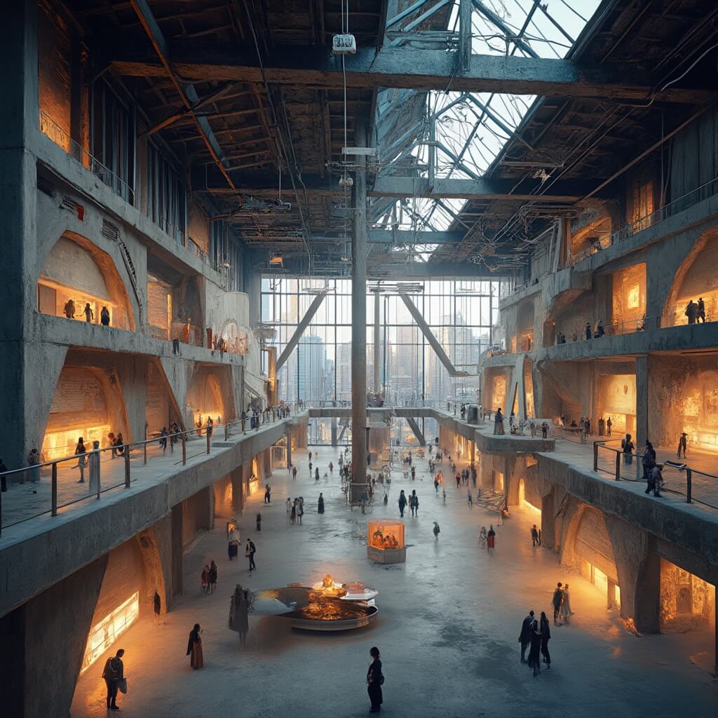 Futuristic POST Houston art space with exposed metal beams, geometric shadows, avant-garde art installations on multi-level platforms, people engaging with interactive exhibits, contrast of warm ambient lighting with cool concrete surfaces, cityscape views through massive windows, and photorealistic, cinematic lighting.